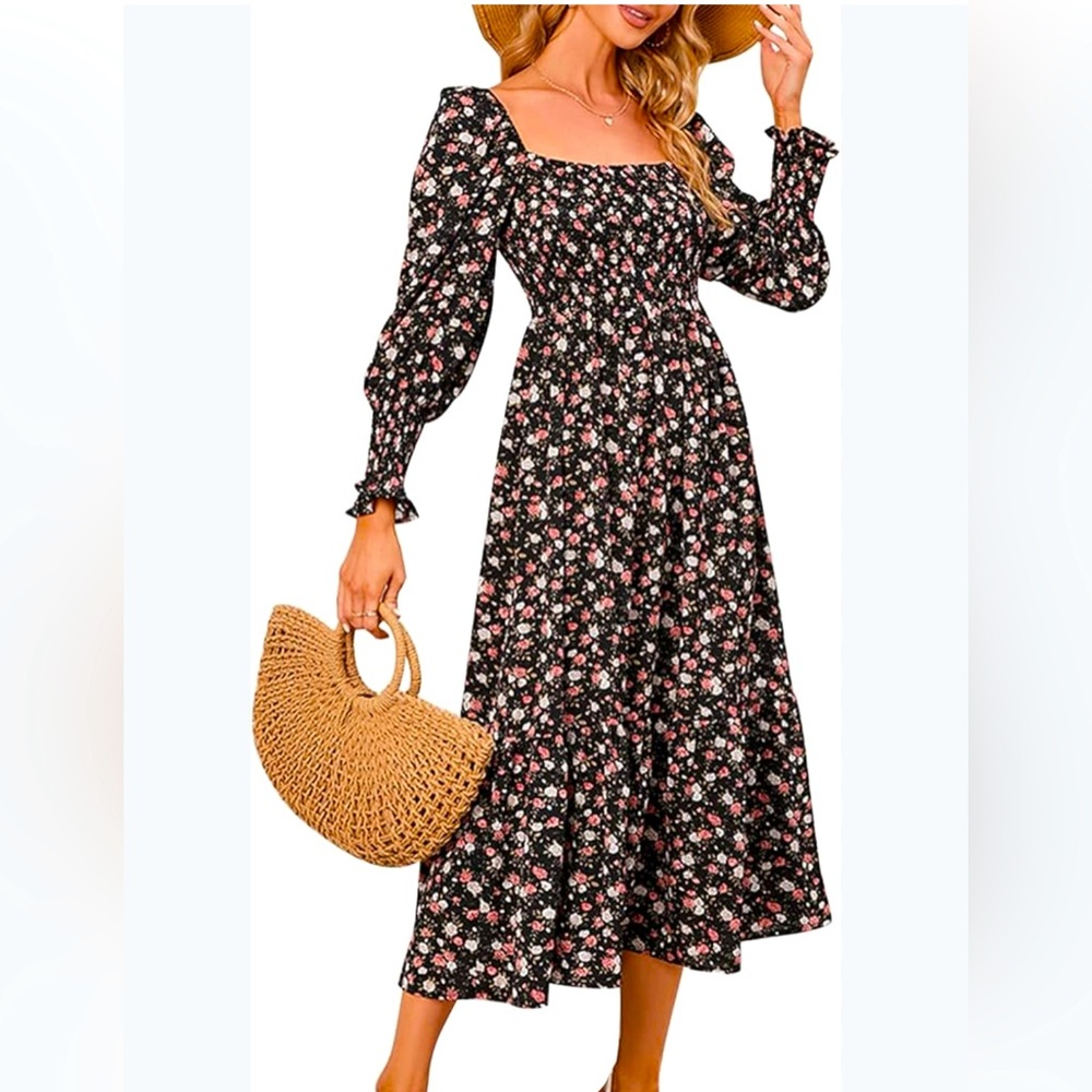 Midi Floral Smocked Feminine Flounce Flowy Cottagecore  Dress
